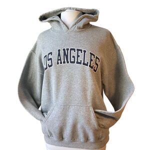 Vintage Los Angeles Pullover Hoodie by Gildan. Grey with navy. Medium